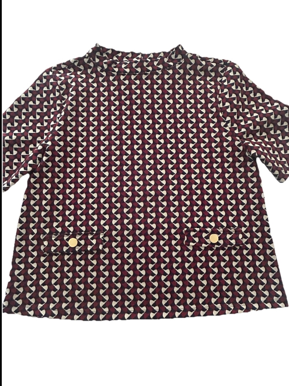 Ann Taylor Women’s Large Burgundy Geometric Print Short-Sleeve Keyhole Back Top